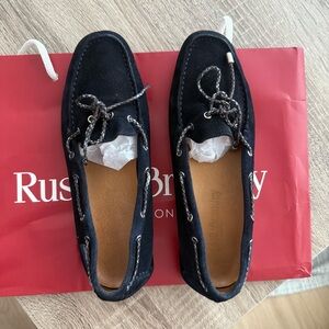 NWOT Russell and Bromley Navy Moccasins with bow detail
